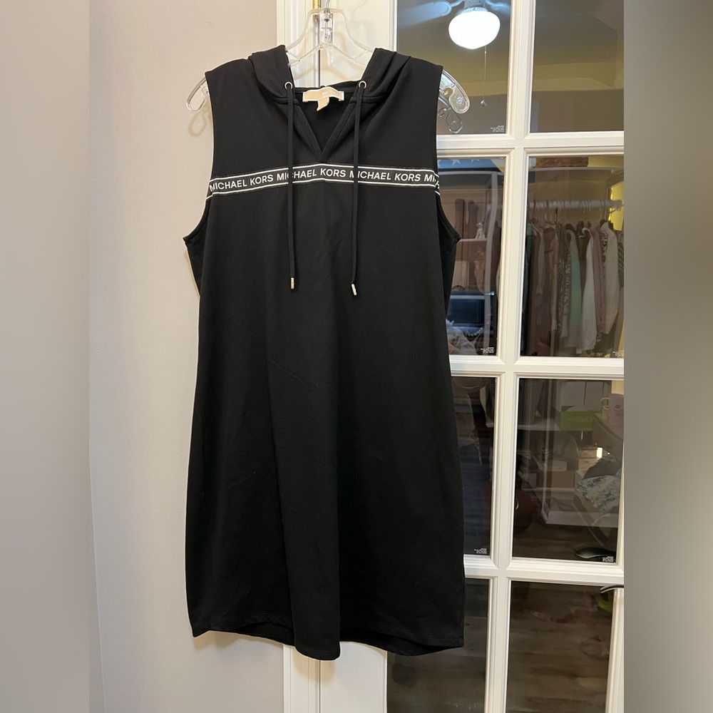 Michael Kors Black Sleeveless Mini Dress with hood size L EUC
